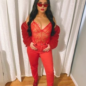 Red Eyelash Lace & Fishnet Detail Bodysuit